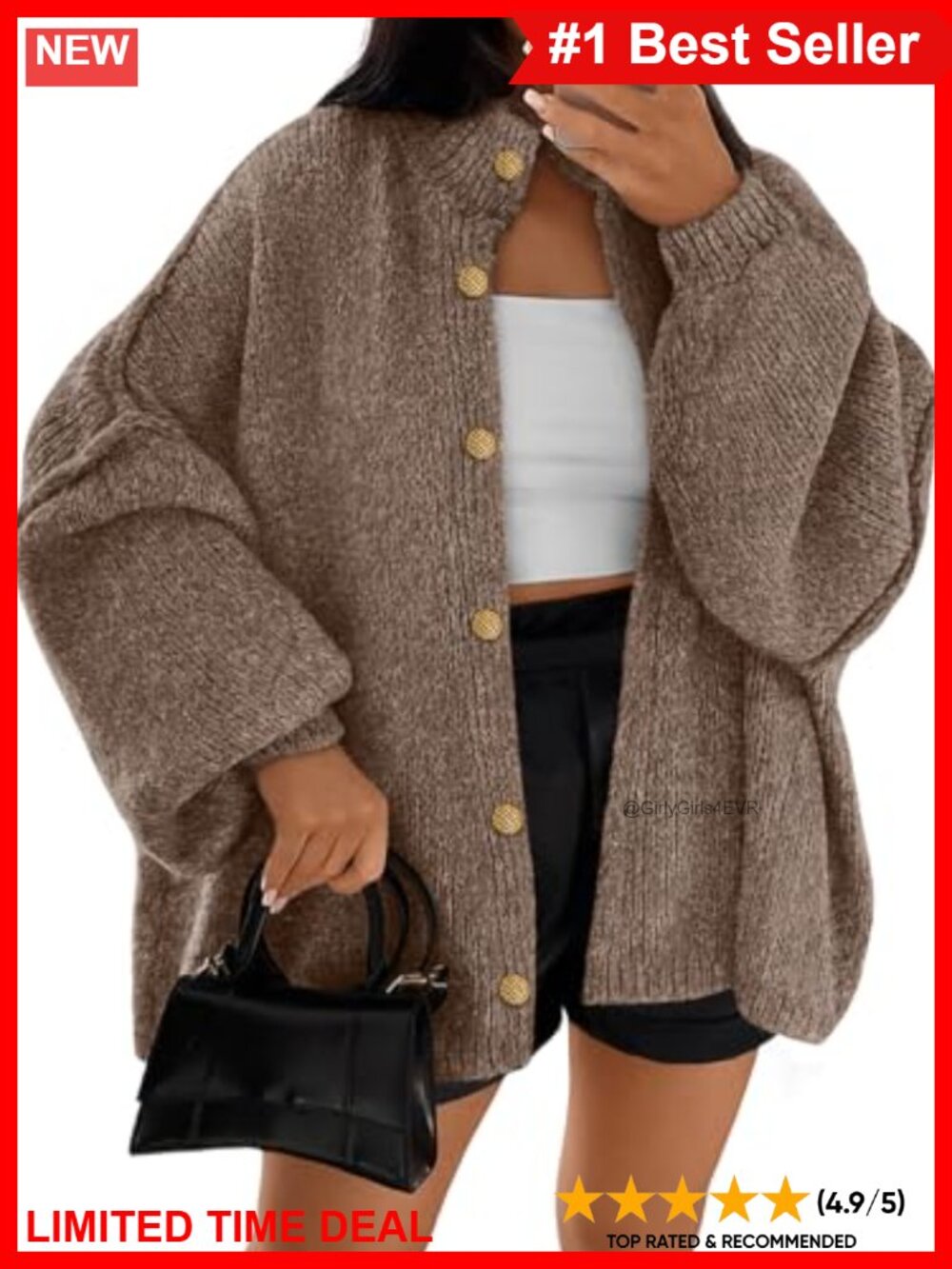 Oversized Chunky Knit Cardigan Mock Neck Button Front Cozy Layer